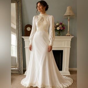 William Cahill Vintage Elegant High-Neck Lace Trim Ivory Wedding Dress